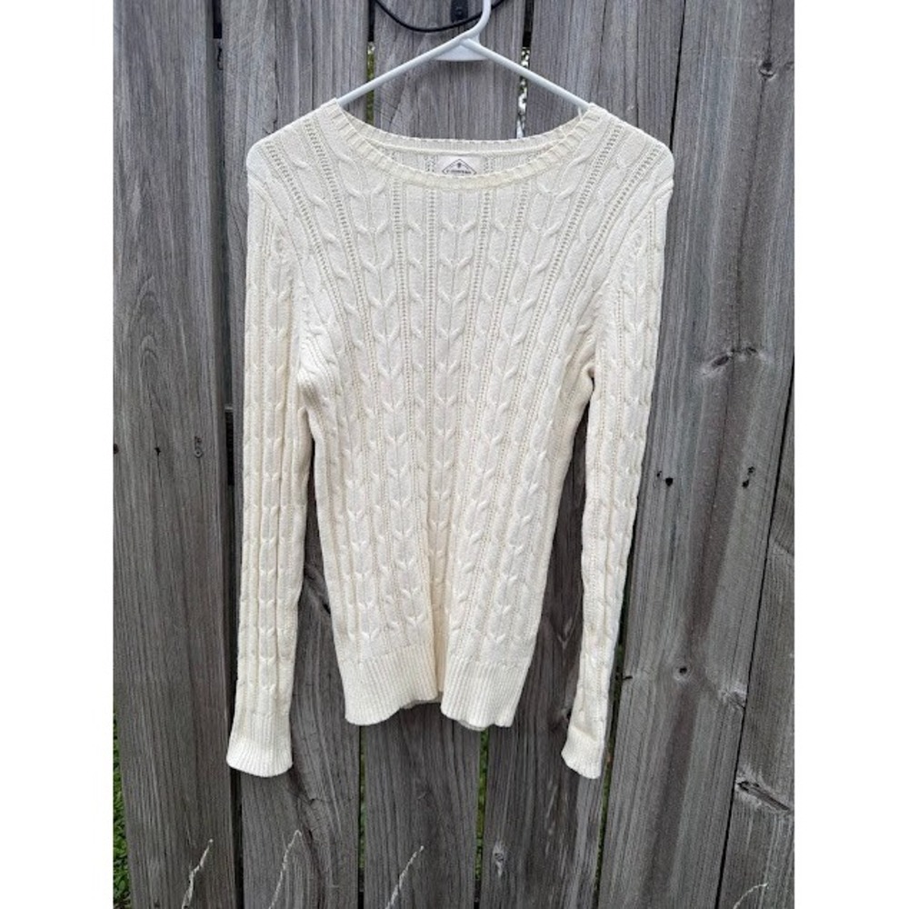 Preppy Old Money St Johns Bay Cable Knit Sweater PS Cream Ivory Crew Neck Staple